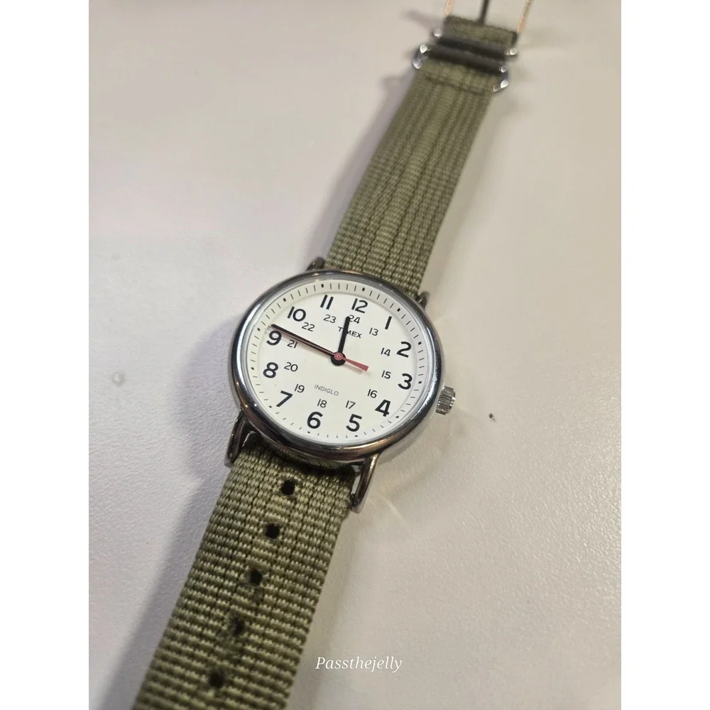 Timex Weekender T2N651 Watch Mens 38mm Olive Fabric Strap White Dial Quartz Date